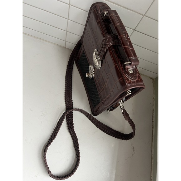 Brighton Mini Briefcase Crossbody w/ Card Slots Brown Black Silver Purse Hearts - Picture 8 of 16